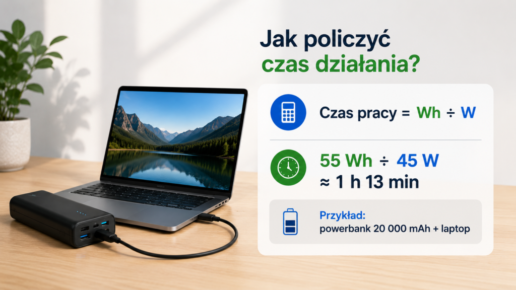 Wzór na obliczenie czasu działania powerbanku na podstawie Wh i W