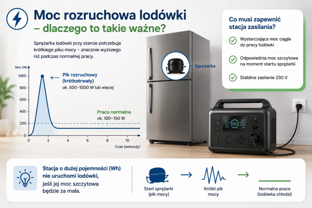 Schemat pokazujący moc rozruchową lodówki i pojemność stacji zasilania