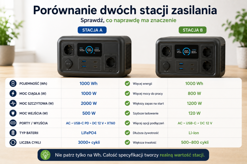 Porównanie dwóch stacji zasilania według pojemności, mocy i czasu ładowania