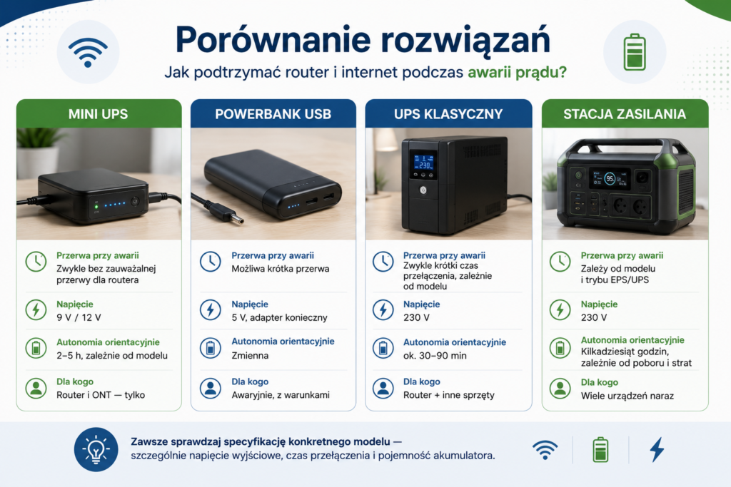 Porównanie mini UPS, powerbanku i stacji zasilania do routera