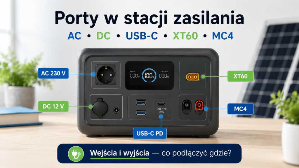 Stacja zasilania z widocznymi portami AC, DC, USB-C i wejściem solarnym XT60