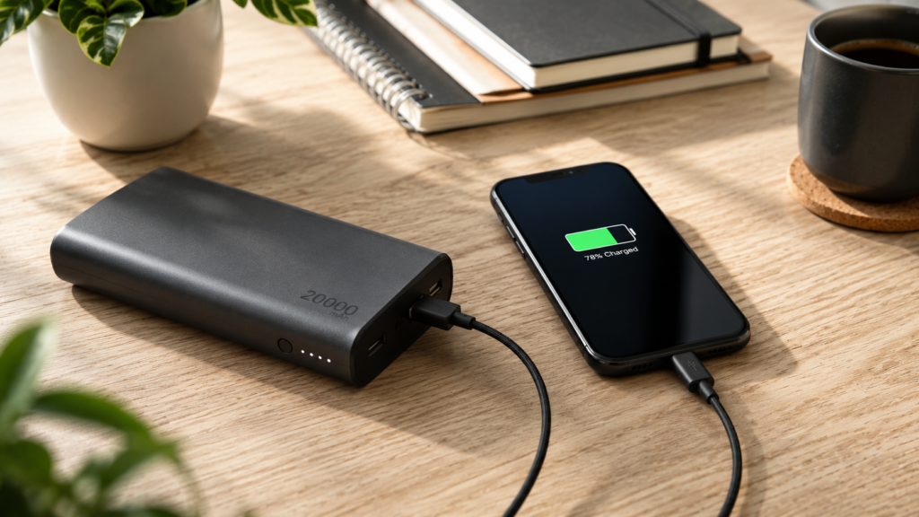 Powerbank 20 000 mAh podłączony do telefonu