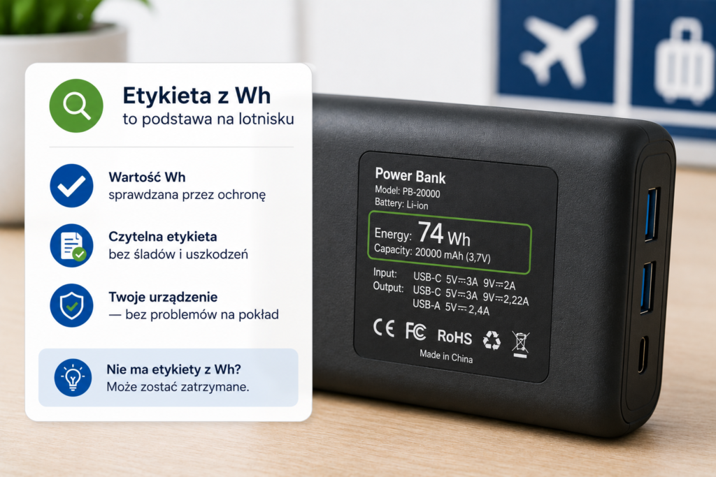 Etykieta z pojemnością w Wh na powerbanku