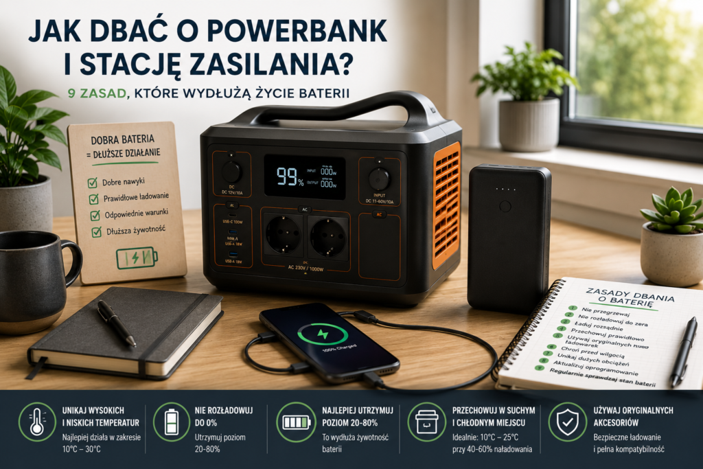 Powerbank i stacja zasilania na biurku — zasady dbania o baterię