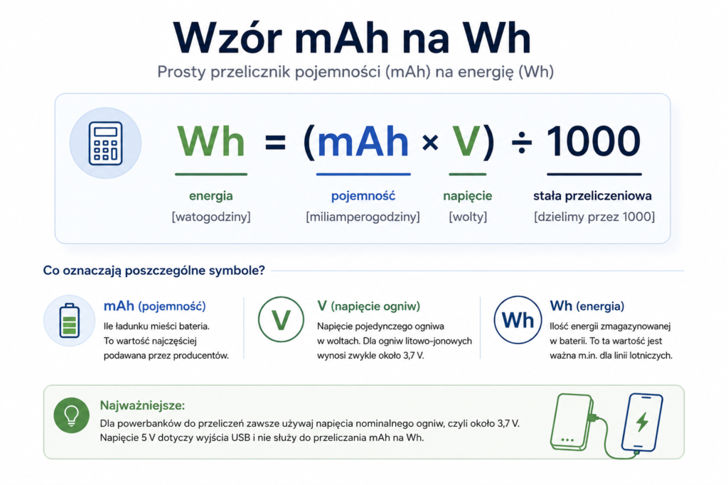Wzór mAh na Wh: Wh = mAh razy V podzielone przez 1000