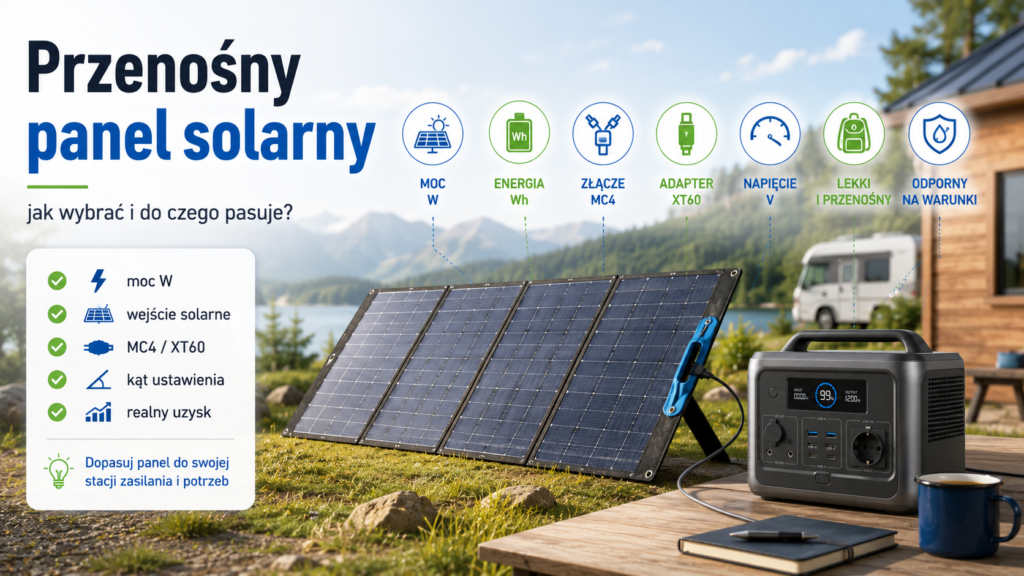 Przenośny panel solarny podłączony do stacji zasilania na campingu