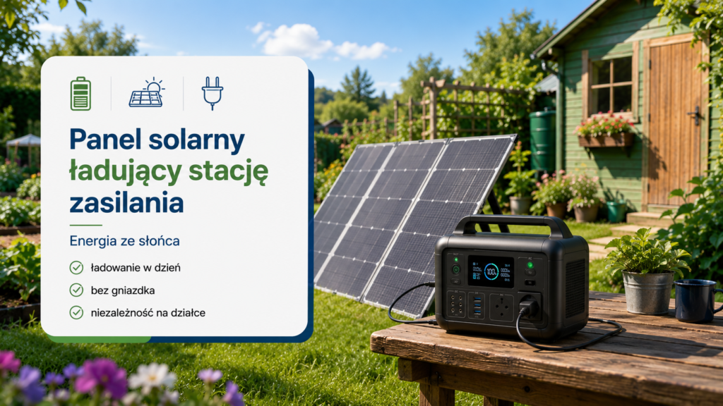 Panel solarny ładujący stację zasilania na działce