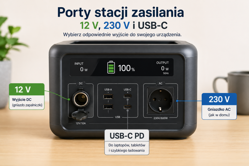Porty stacji zasilania: wyjście 12 V, 230 V i USB-C