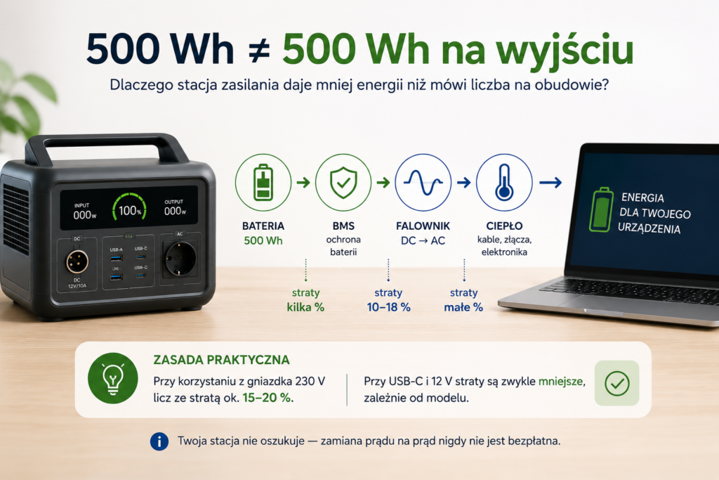 Schemat stacji zasilania pokazujący, gdzie ginie energia między baterią a gniazdkiem 230 V