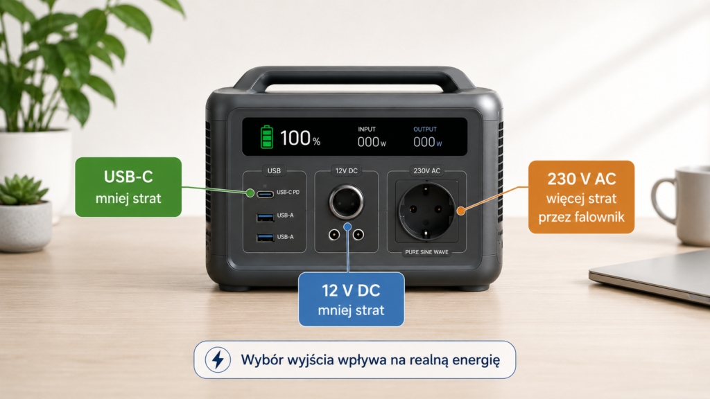 Stacja zasilania z widocznymi wyjściami: USB-C, 12 V i 230 V — różne sprawności