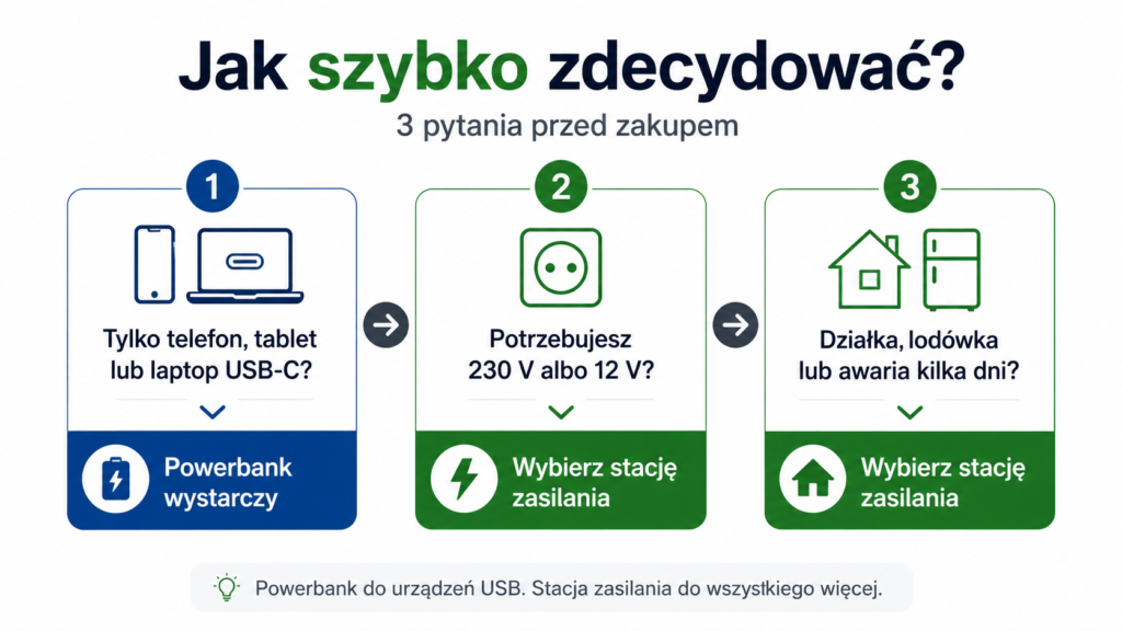 Tabela decyzyjna: kiedy wybrać powerbank a kiedy stację zasilania