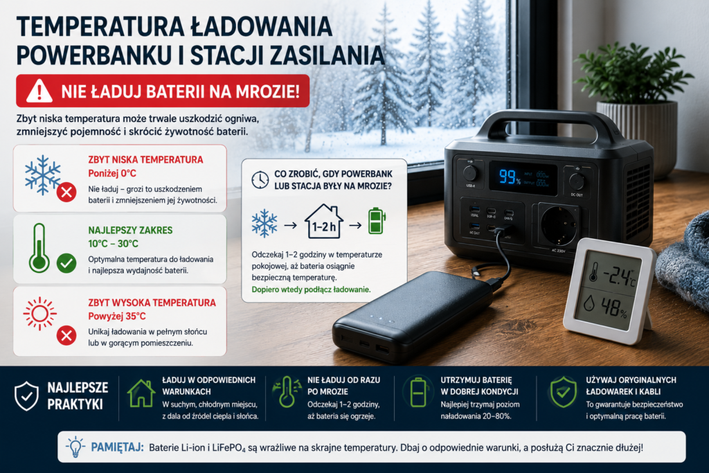 Powerbank i stacja zasilania przy oknie zimą — kiedy unikać ładowania baterii na mrozie