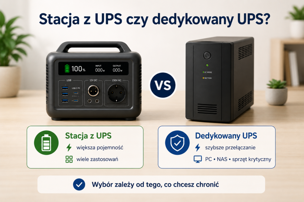 Porównanie stacji zasilania z funkcją UPS i dedykowanego zasilacza awaryjnego UPS
