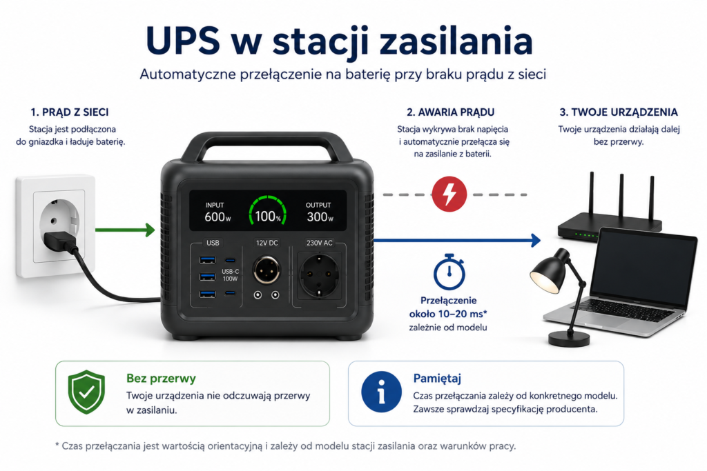 Schemat działania funkcji UPS w stacji zasilania — automatyczne przełączenie na baterię przy braku prądu z sieci