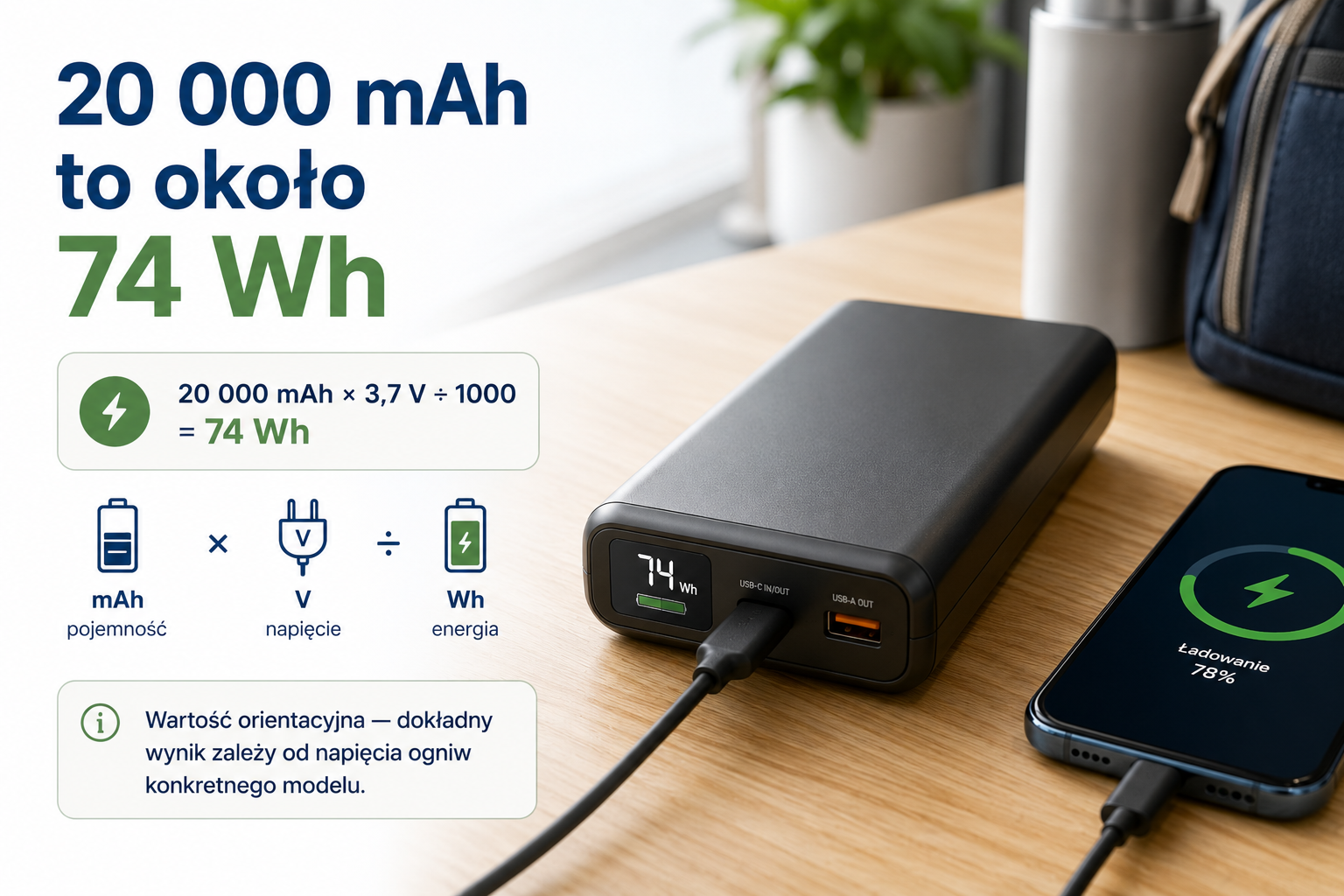 Powerbank 20 000 mAh przeliczony na około 74 Wh