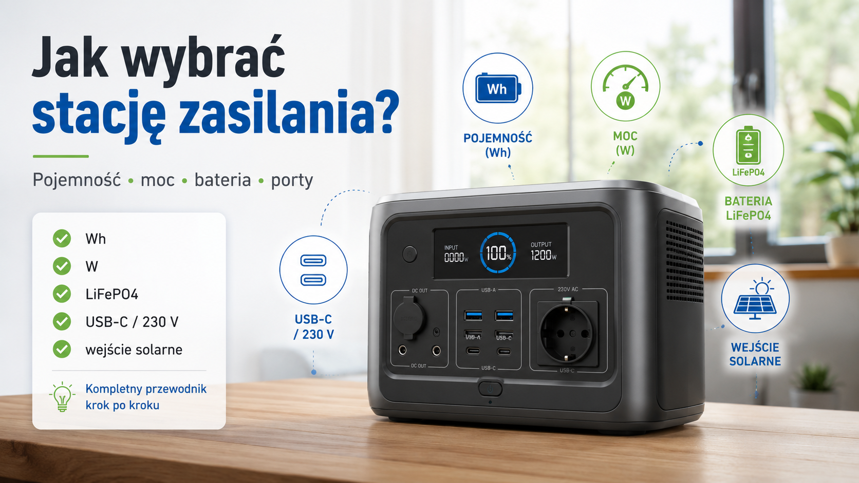 Stacja zasilania z ikonami pojemności, mocy, baterii i portów