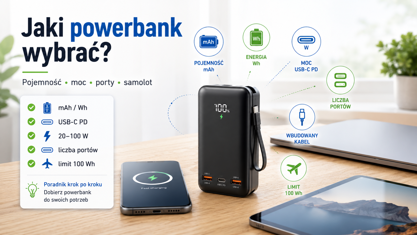 Powerbank z ikonami pojemności, mocy USB-C, portów i limitu do samolotu