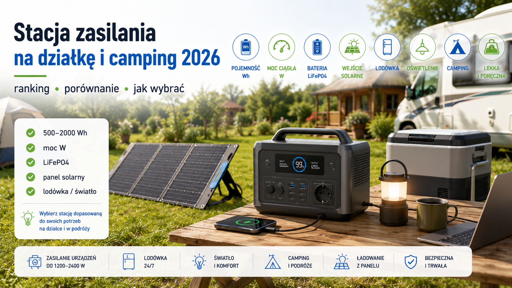 Ranking stacji zasilania na działkę i camping z panelem solarnym, lodówką turystyczną i oświetleniem