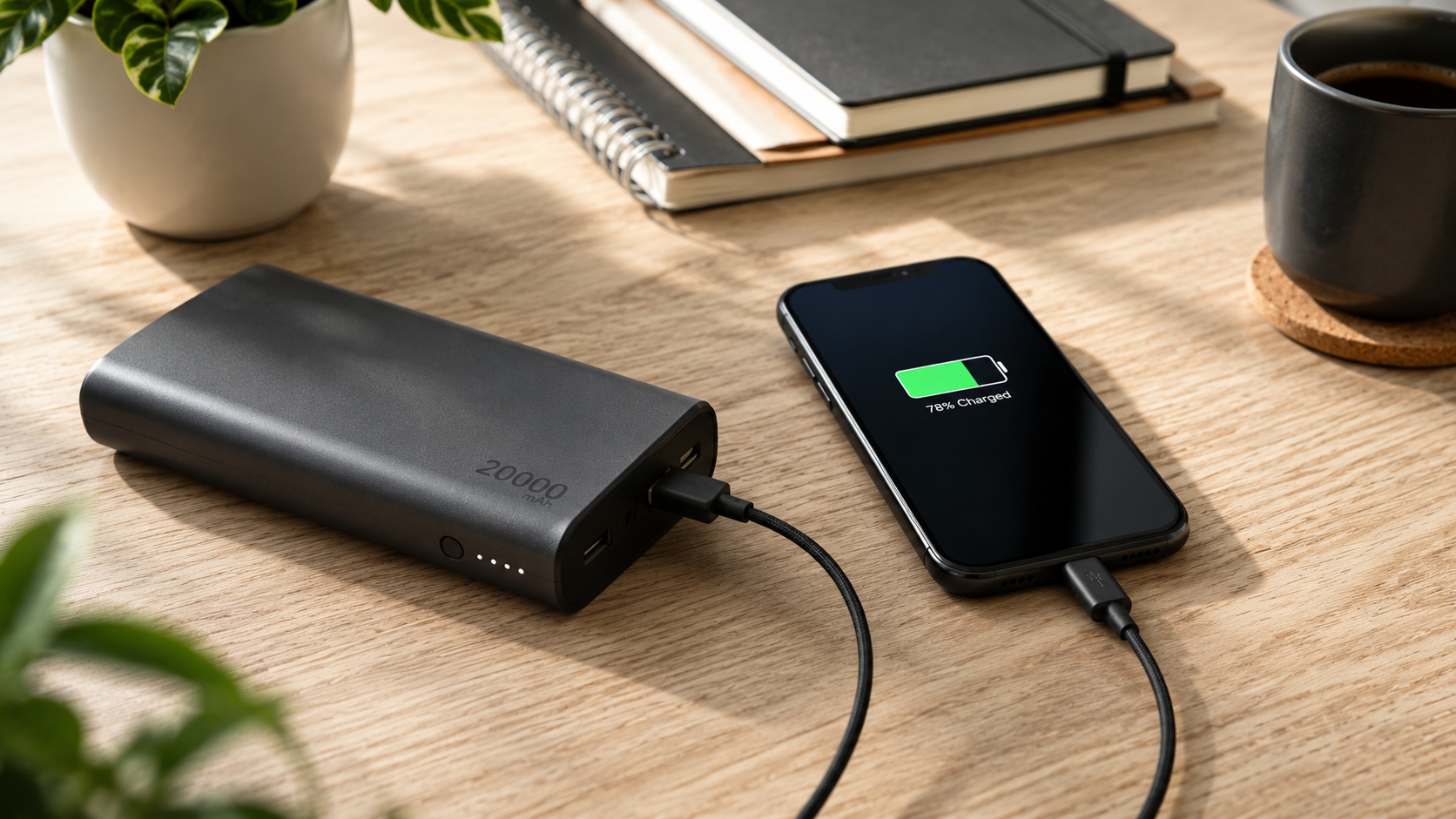 Powerbank 20 000 mAh podłączony do telefonu