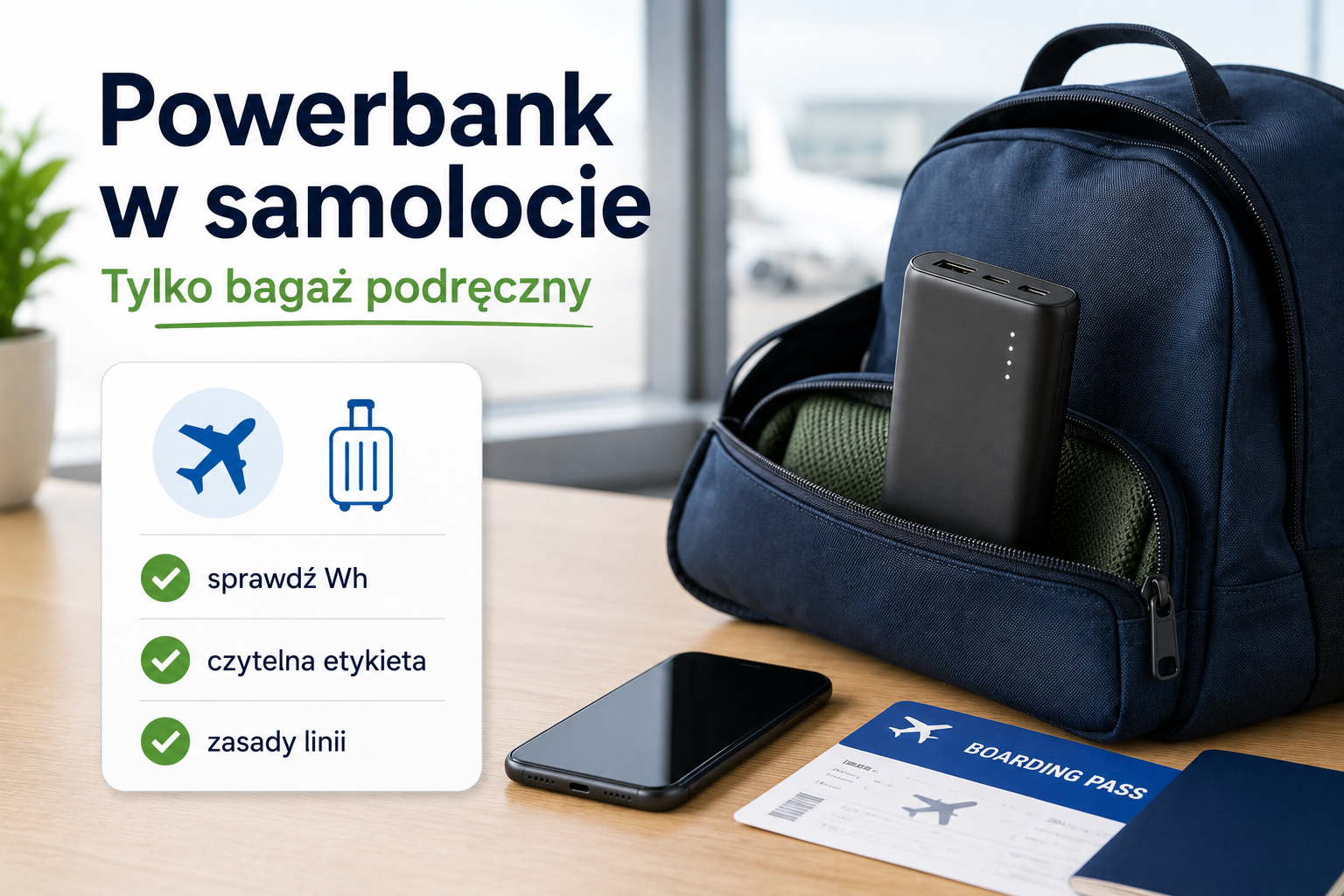 Powerbank w bagażu podręcznym przygotowany do lotu