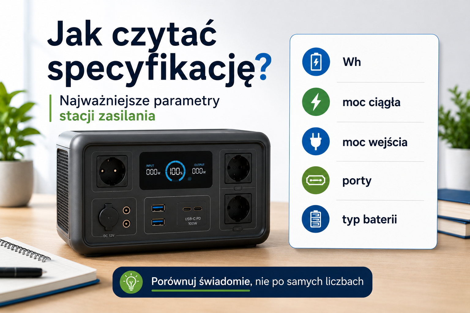 Specyfikacja stacji zasilania z najważniejszymi parametrami: Wh, W, moc wejścia, typ baterii i porty