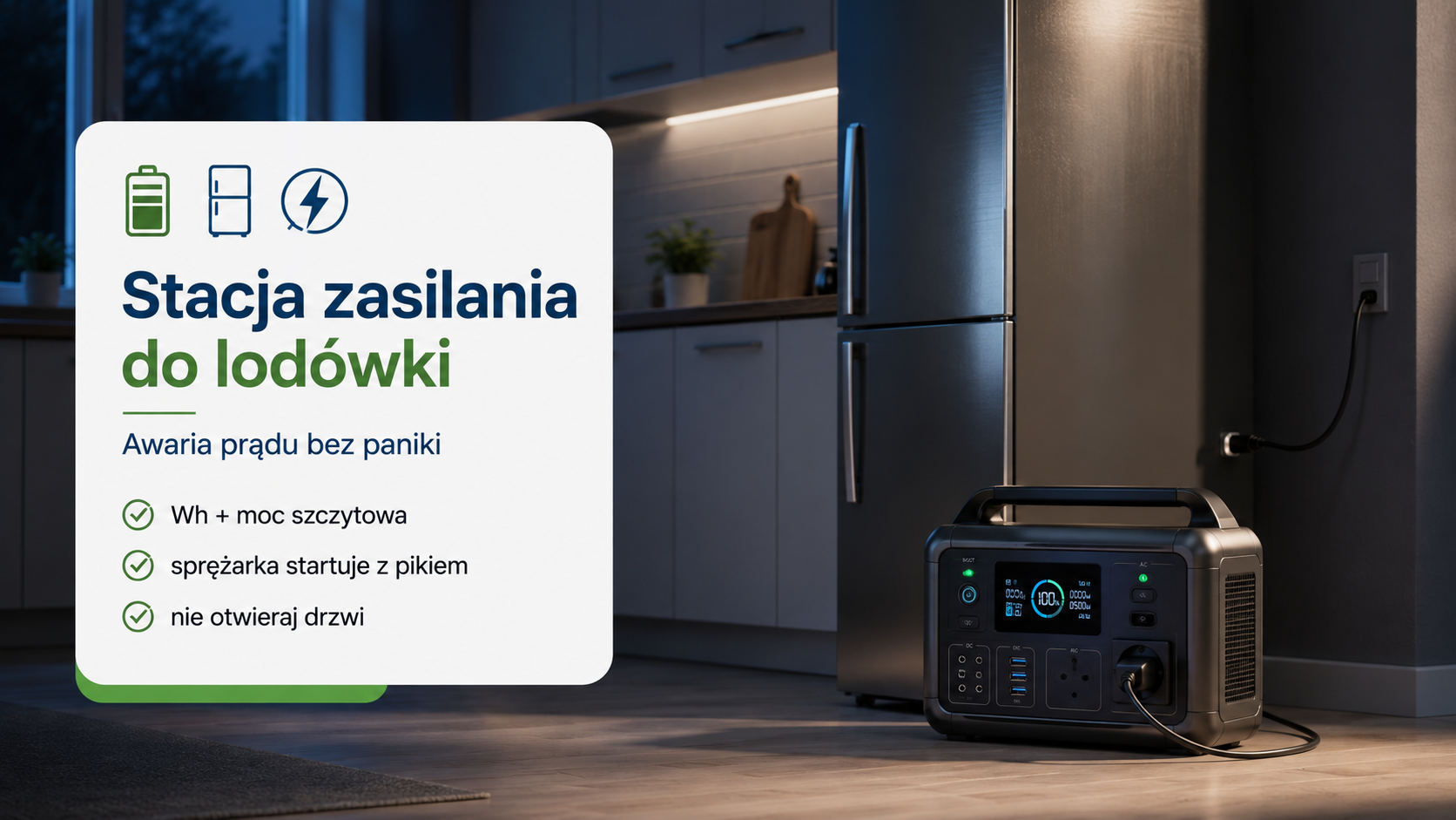 Stacja zasilania podłączona do lodówki podczas awarii prądu