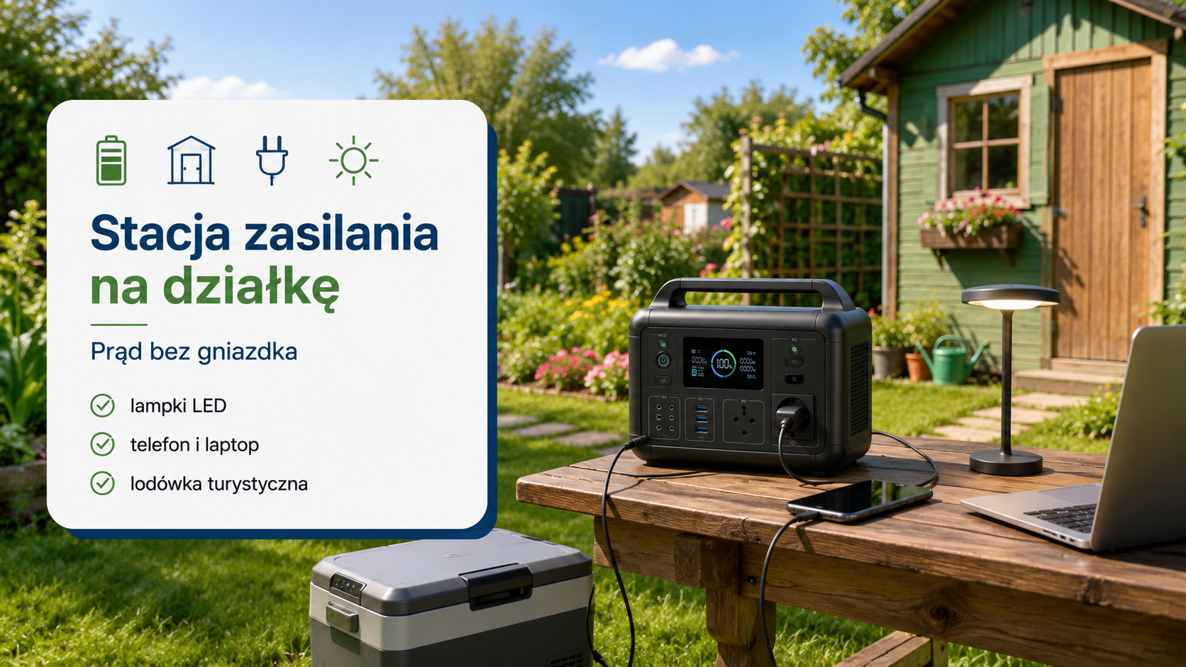 Stacja zasilania używana na działce do lampki, telefonu i lodówki turystycznej