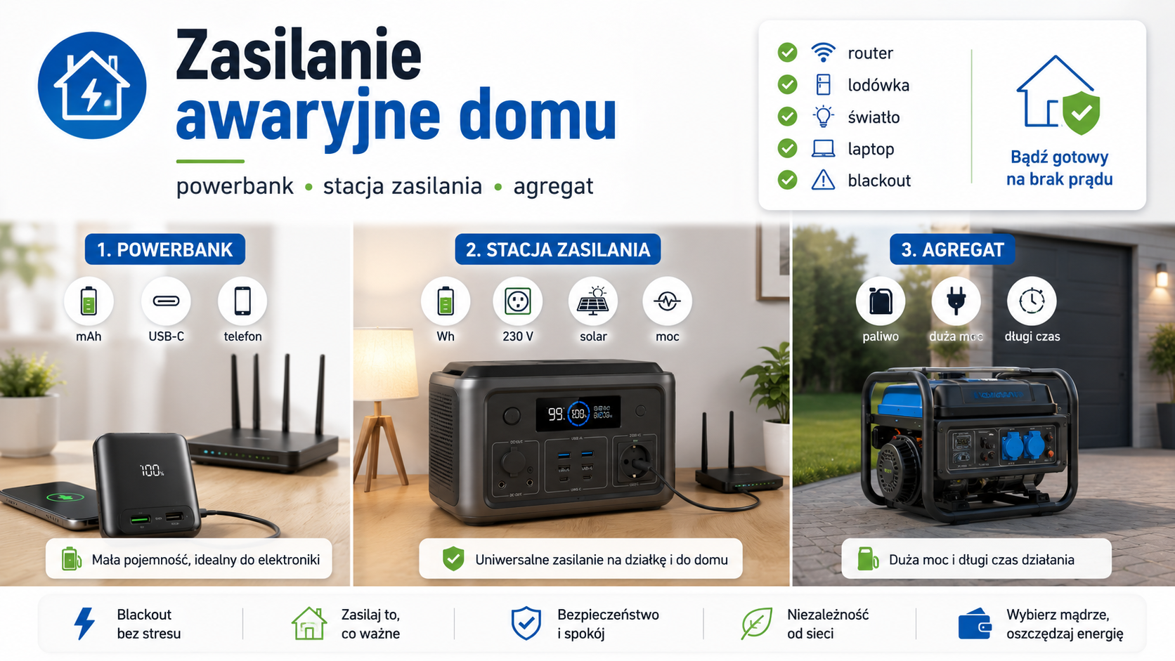Porównanie powerbanku, stacji zasilania i agregatu jako zasilania awaryjnego domu
