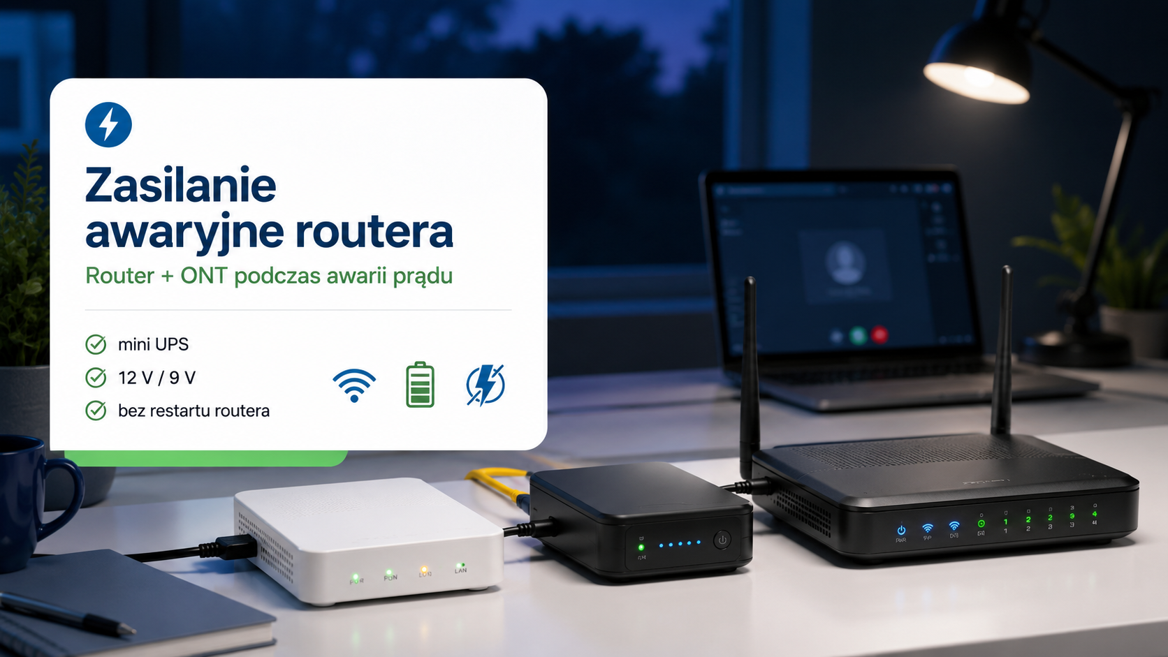 Router i ONT podłączone do mini UPS podczas awarii prądu